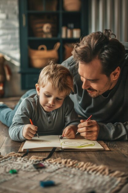 Photo a man and a boy are drawing on a piece of paper