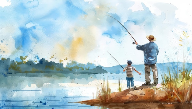 A man and a boy are fishing in a lake