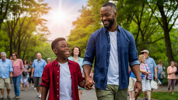 a man and a boy are holding hands and smiling