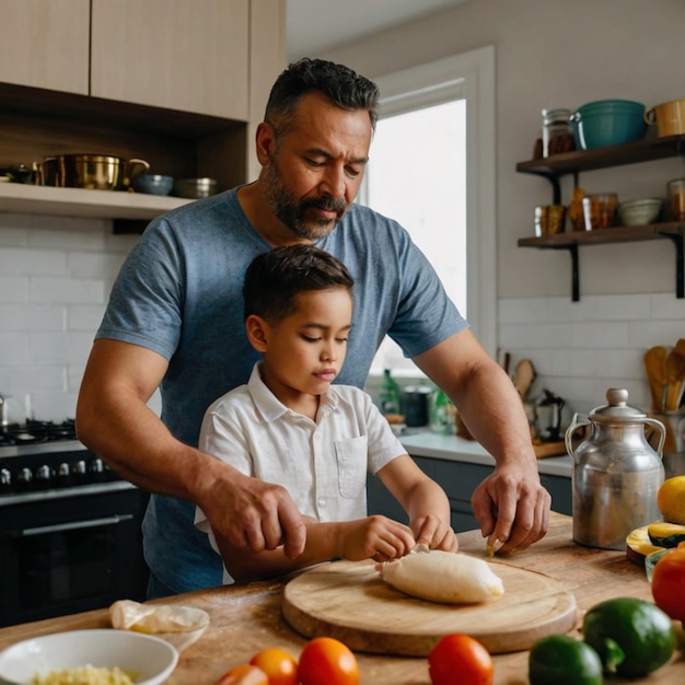 a man and a boy are making bread together