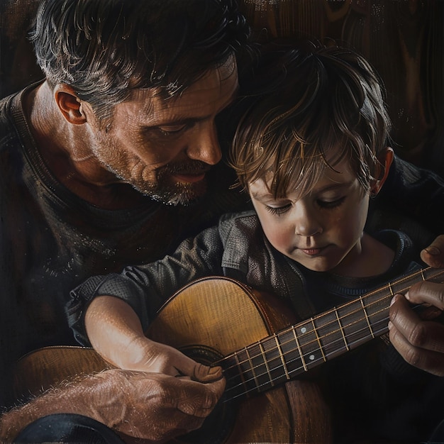 a man and a boy are playing a guitar together