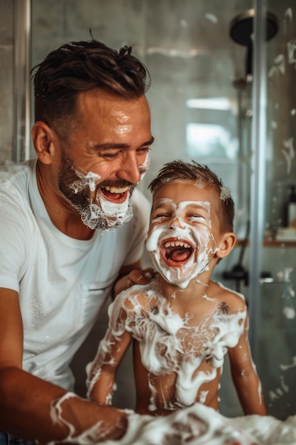 A man and a boy are playing in the shower