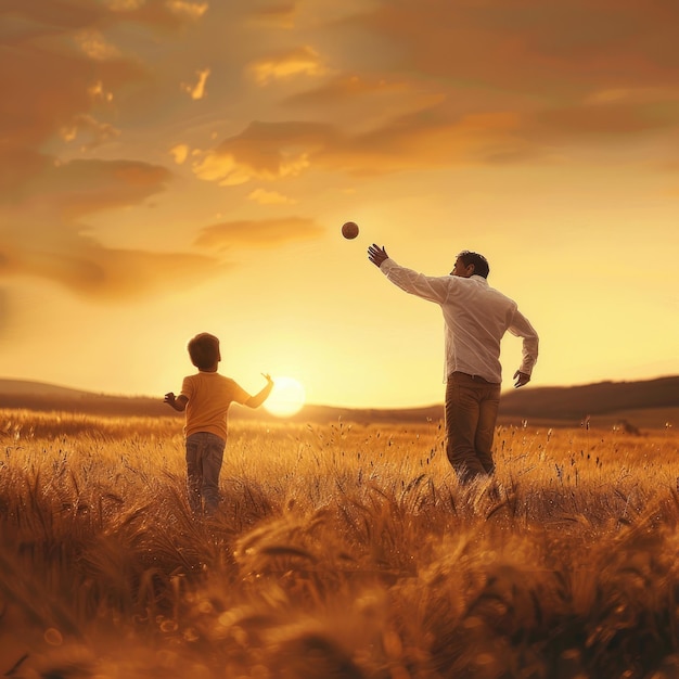 a man and a boy are playing with a ball in a field