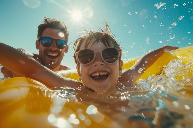 A man and a boy are in a pool the boy is smiling