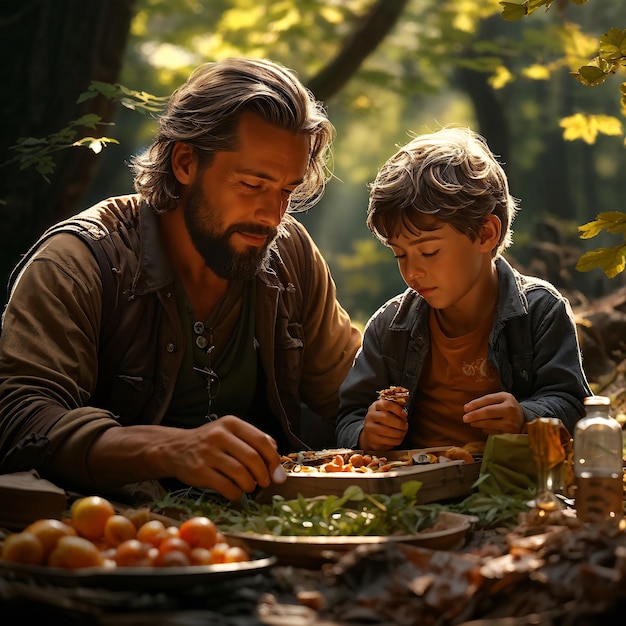 a man and a boy are preparing food in a forest