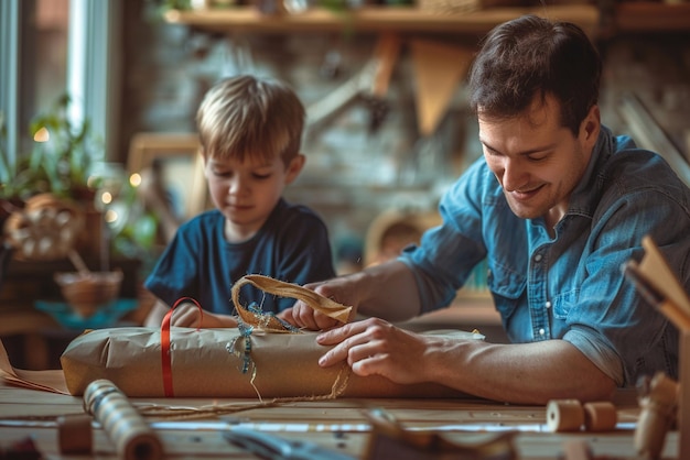 Photo a man and a boy are putting a christmas present on a table