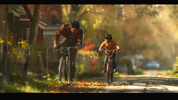 a man and a boy are riding a bike and a tree with a sign that says quot father quot