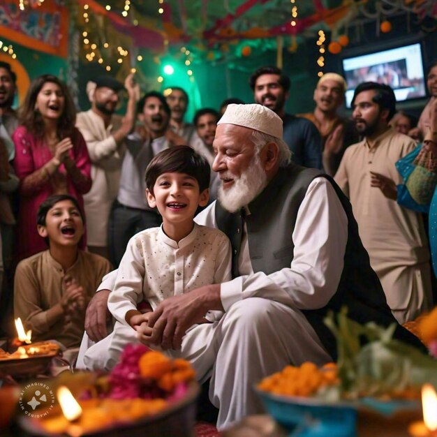 Photo a man and a boy are sitting in front of a group of people