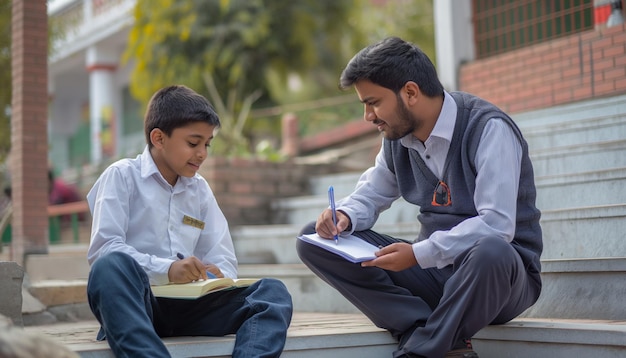 a man and a boy are sitting on a step and one of them is writing with a pen