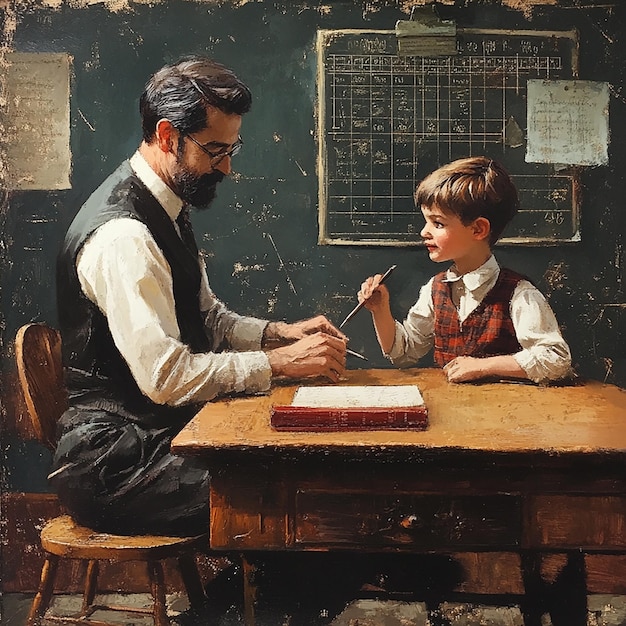 Photo a man and a boy are sitting at a table with a book that says quot the word quot on it