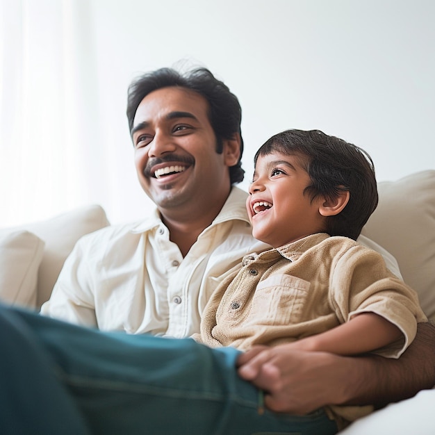 a man and a boy are smiling while sitting on a couch