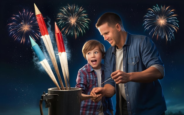 a man and a boy are standing in front of fireworks