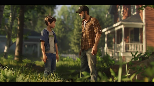 a man and a boy are standing in a yard with a man wearing a hat