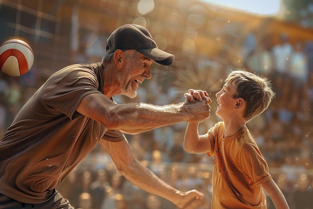 a man and a boy are wrestling with each other