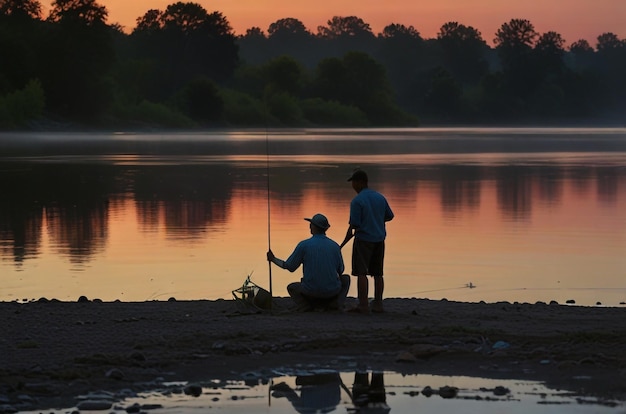 a man and a boy fishing in a lake at sunset