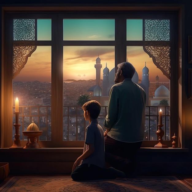 A man and a boy looking out a window at a sunset.