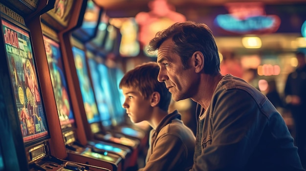 A man and a boy play slot machines in a casino.