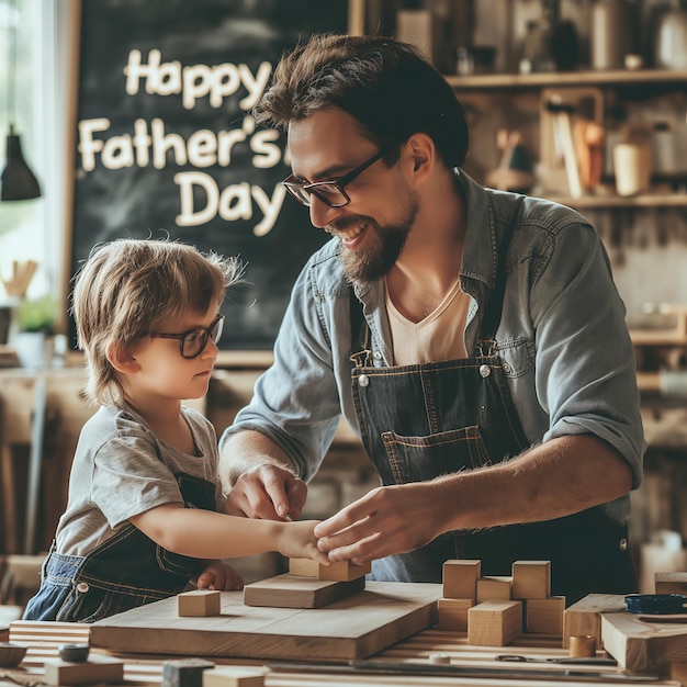 Photo a man and a boy playing a game of wooden blocks with the words happy fathers day on the board