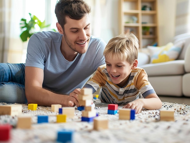 a man and a boy playing with blocks on a table