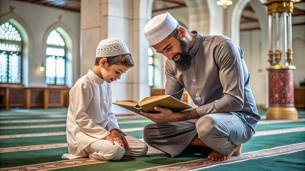 Photo a man and a boy reading a book in a mosque