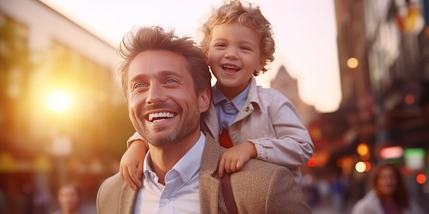 A man and a boy on a shoulder with a city in the background