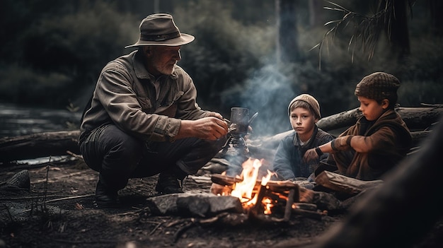 A man and a boy sit around a campfire in the woods one of them is wearing a hat