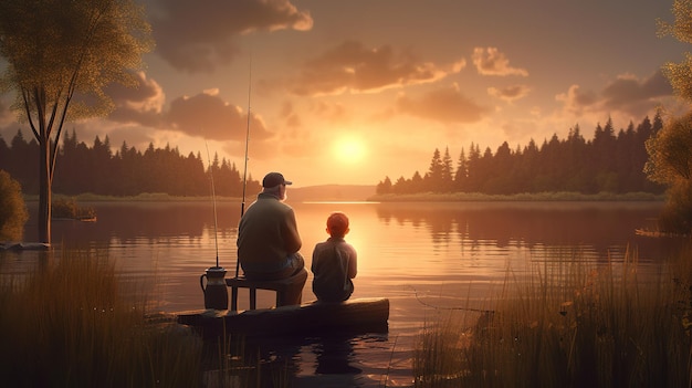 A man and a boy sit in a boat on a lake with the sun setting behind them