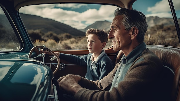 A man and a boy sit in a car one of them is wearing a blue shirtd