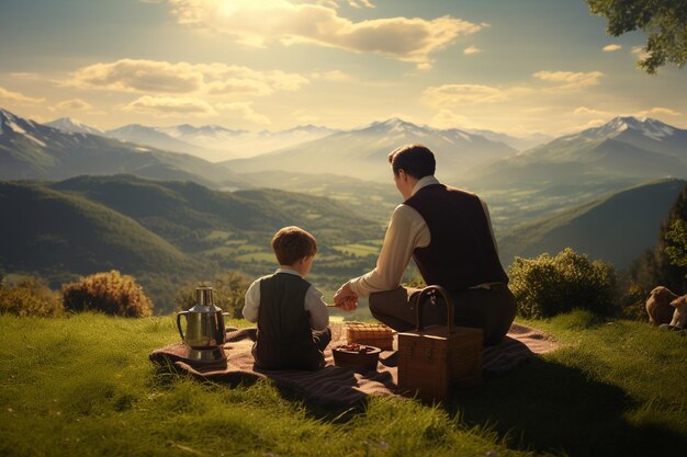 A man and a boy sit on a hill and enjoy a picnic in the mountains