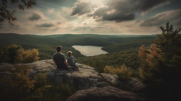 A man and a boy sit on a rock overlooking a lake