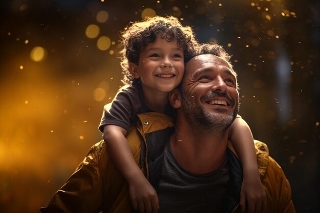 Man and a boy sitting on his fathers shoulders one wearing a yellow shirt