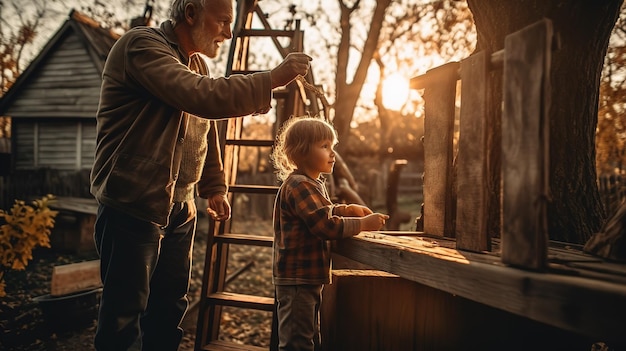 A man and a boy stand in front of a tree house and look at the sky.