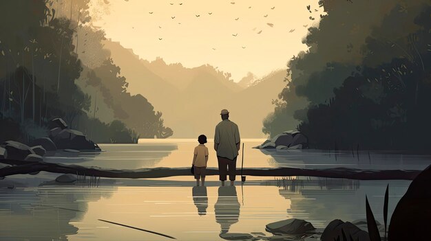 A man and a boy stand in a lake looking at a fish.