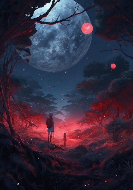 A man and a boy stand under a moon