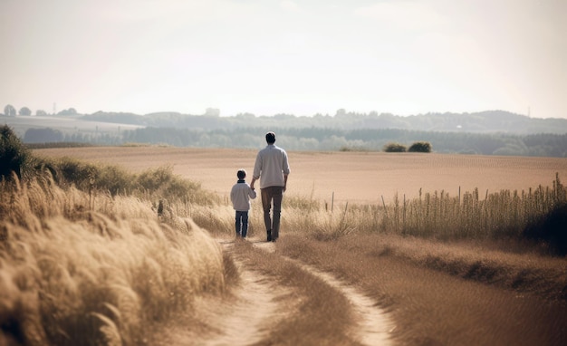 A man and a boy walk down a path in a field.