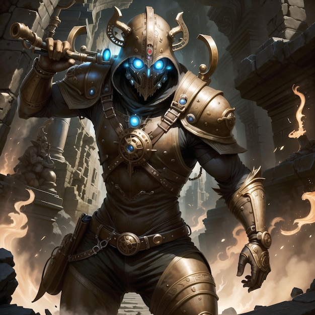 man in brass armor and glowing eyes