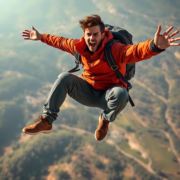 Photo man braving fear with aerial thrill seeker