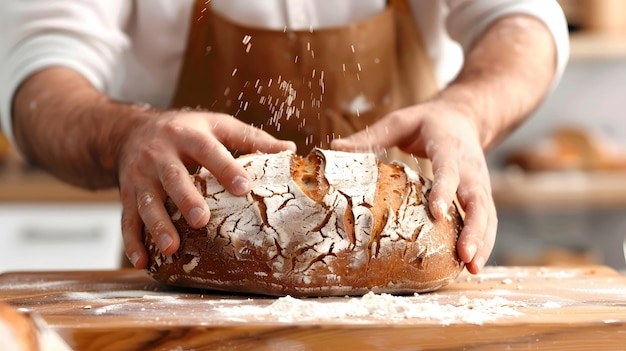 Photo man breaking loaf of fresh bread at wooden table closeup isolated on white background isometry