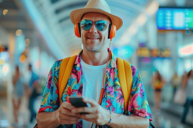 man in bright comfy summer clothes and headphones in the airport using smartphone ai generated