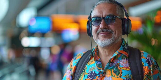 man in bright comfy summer clothes and headphones in the airport using smartphone ai generated