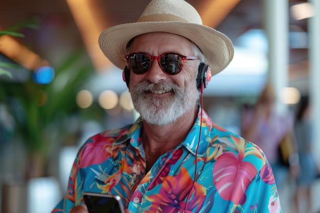 man in bright comfy summer clothes and headphones in the airport using smartphone ai generated