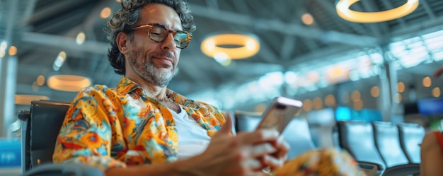 man in bright comfy summer clothes and headphones in the airport using smartphone ai generated