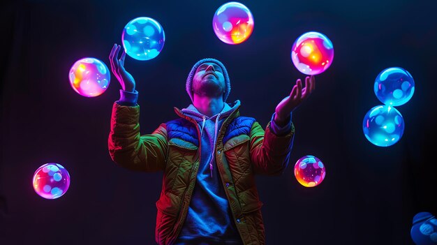 A man in a bright jacket juggles glowing orbs in a dark room The man is a skilled juggler with a focused expression