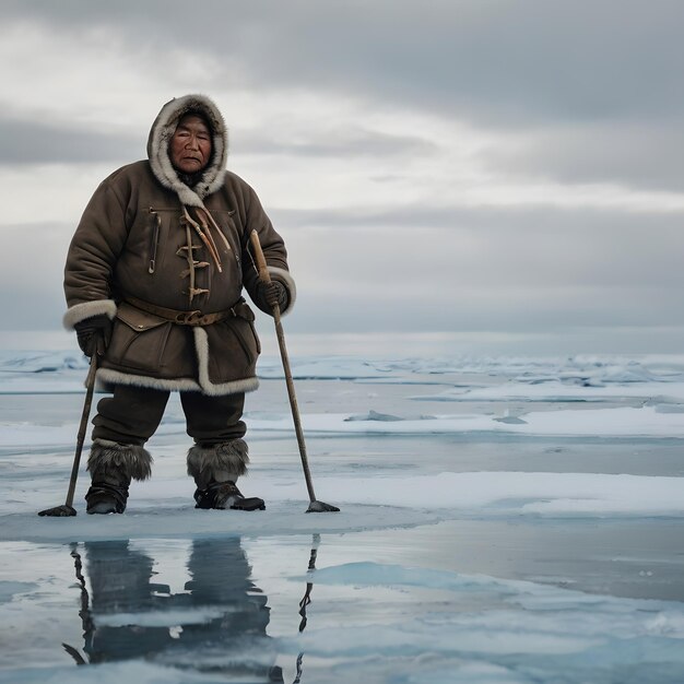 Photo a man in a brown coat and a brown coat is standing on ice