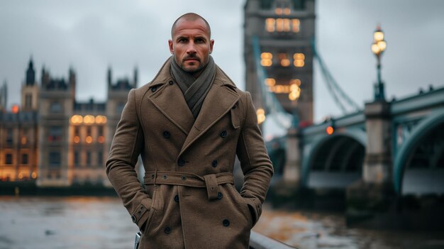 Photo man in brown coat stands by the river thames in london