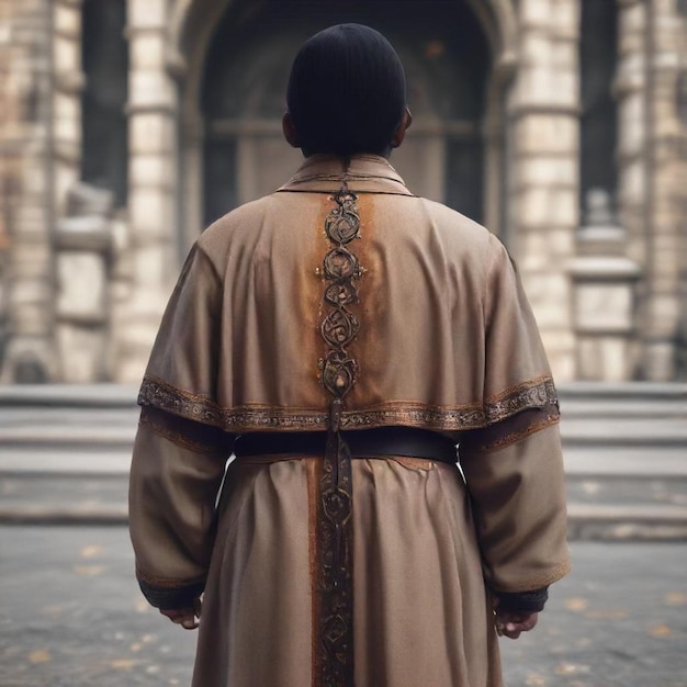 Photo a man in a brown coat stands in front of a building with a large archway in the background