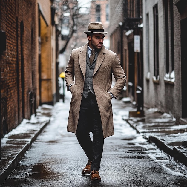 Photo a man in a brown coat walks down a street in the snow