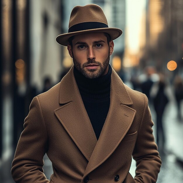 Photo a man in a brown hat is walking down the street