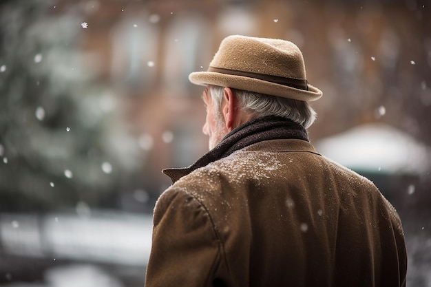 A man in a brown hat looks out at a snowy street.