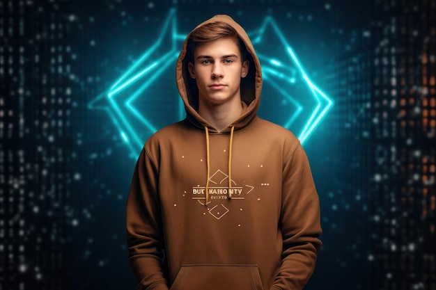 Photo a man in a brown hoodie with a blue background with a pattern of dots on the front